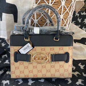 bebe Beige and Black Satchel with Gold Accents